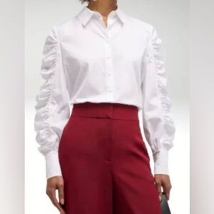 Harshman Julianna White Ruched Puff Sleeve Cotton Poplin Shirt NWT Sz L